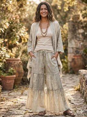 Young Threads Boho 2-Piece Set | Mineral Wash Kimono & Tiered Wide Leg Pants